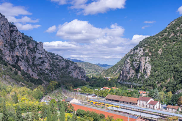 Scenic views over the Villafranche de Conflent In Pyrenees-Orientales, Languedoc Rousillon, France villefranche de conflent stock pictures, royalty-free photos & images