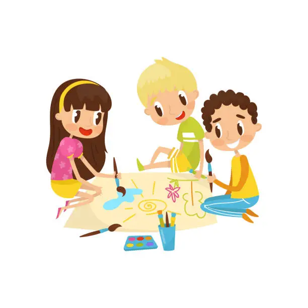 Vector illustration of Little kids sitting on the floor and drawing aquarell paints on large sheet of paper, education and child development concept vector Illustration