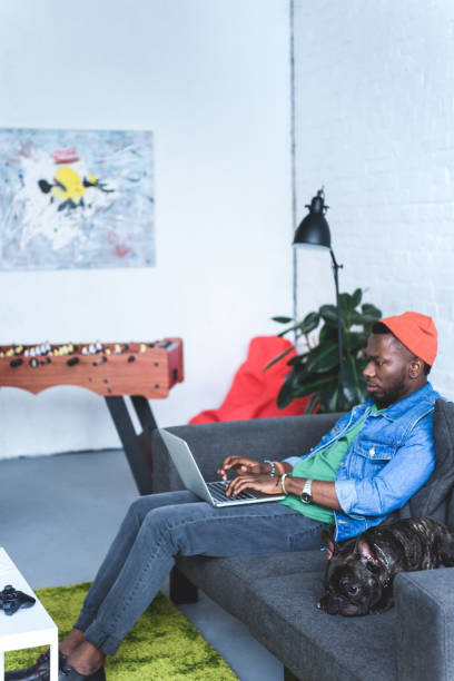 istock African american man working on laptop while sitting on sofa with Frenchie dog 938586934
