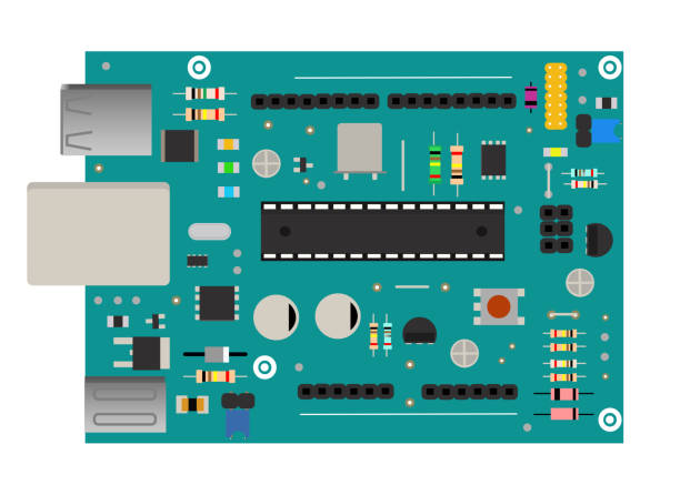 ilustrações de stock, clip art, desenhos animados e ícones de diy electronic mega board with a microprocessor, interfaces, leds, connectors, and other electronic components, to form the basic of smart home, robotic, and many other projects related to electronics - mega pixels