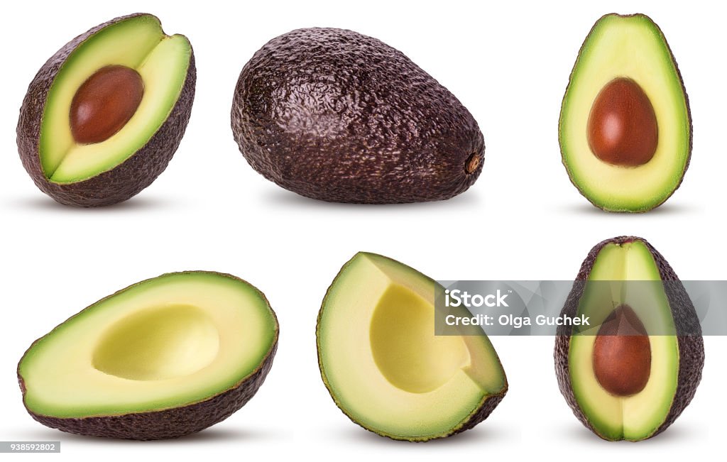 Set brown mature avocado whole, three quarters with bone, cut in half, slice Set brown mature avocado whole, three quarters with bone, cut in half, slice isolated on white background. Clipping Path. Full depth of field. Avocado Stock Photo