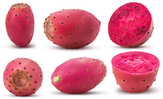 Collection red opuntia, whole, cut in half isolated on white background. Clipping Path. Full depth of field.