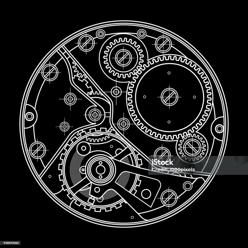 Mechanical watches with gears. Drawing of the internal device. It can be used as an example of harmonious interaction of complex systems, technical, engineering and scientific research, high-tech Mechanical watches plan with gears. Drawing of the internal device. It can be used as an example of harmonious interaction of complex systems, technical, engineering and scientific research, high-tech. Watch - Timepiece stock vector