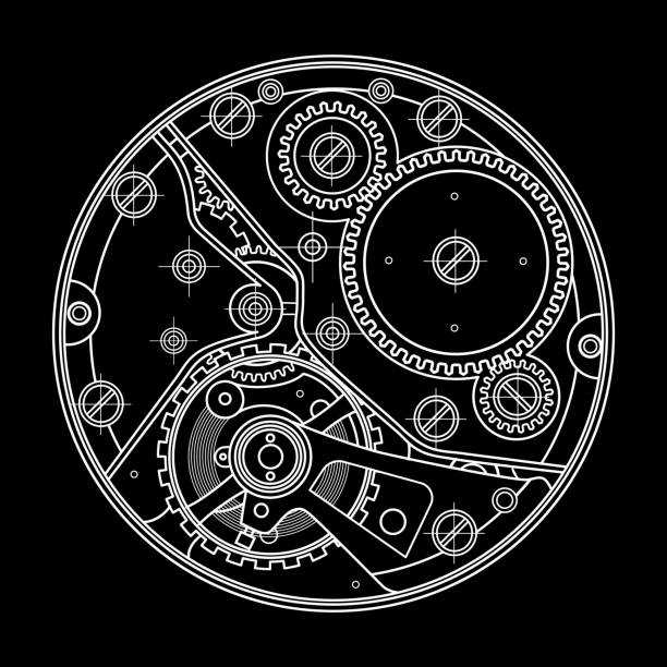 Mechanical watches with gears. Drawing of the internal device. It can be used as an example of harmonious interaction of complex systems, technical, engineering and scientific research, high-tech Mechanical watches plan with gears. Drawing of the internal device. It can be used as an example of harmonious interaction of complex systems, technical, engineering and scientific research, high-tech. swiss watches stock illustrations