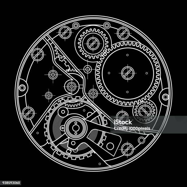 Mechanical Watches With Gears Drawing Of The Internal Device It Can Be Used As An Example Of Harmonious Interaction Of Complex Systems Technical Engineering And Scientific Research Hightech Stock Illustration - Download Image Now