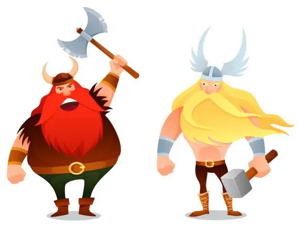 Vector illustration of funny cartoon illustration of viking warriors