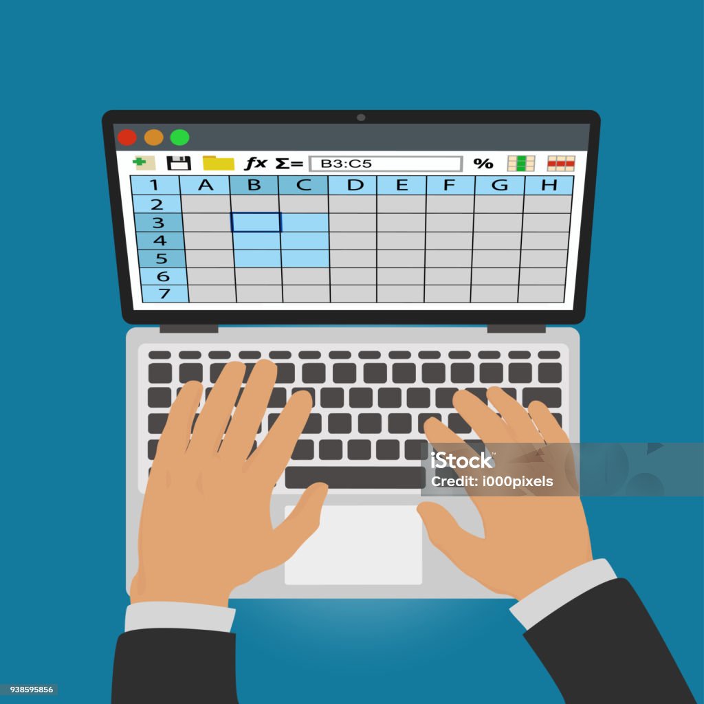 Spreadsheets. Work on laptop Spreadsheets. Work on laptop. To illustrate business and computer topics Spreadsheet stock vector