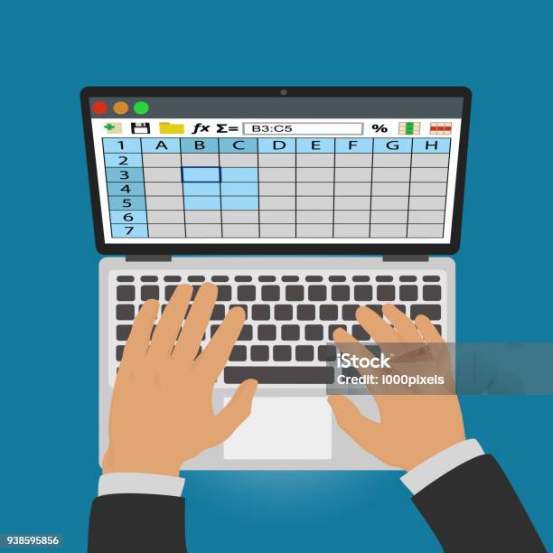Spreadsheets Work On Laptop Stock Illustration - Download Image Now - Spreadsheet, Laptop, Border - Frame