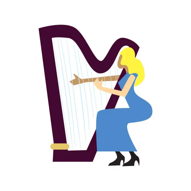 Vector illustration of Musician playing harp isolated vector