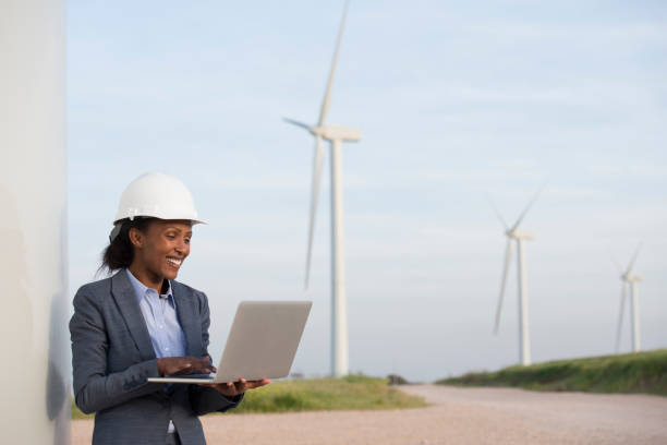 istock Wind energy engineer with laptop PC at a field with rural landscape. 938602094