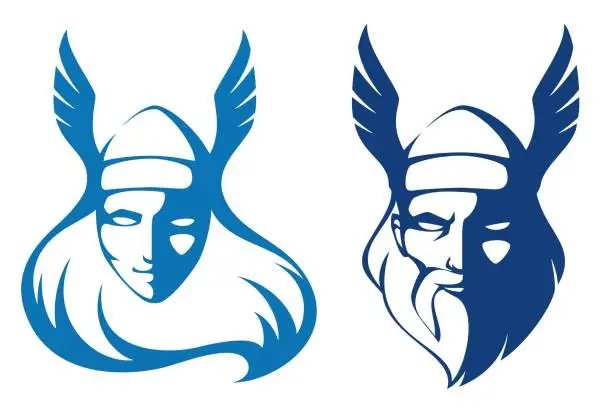 Vector illustration of line illustrations of a valkyrie and the ancient god Odin
