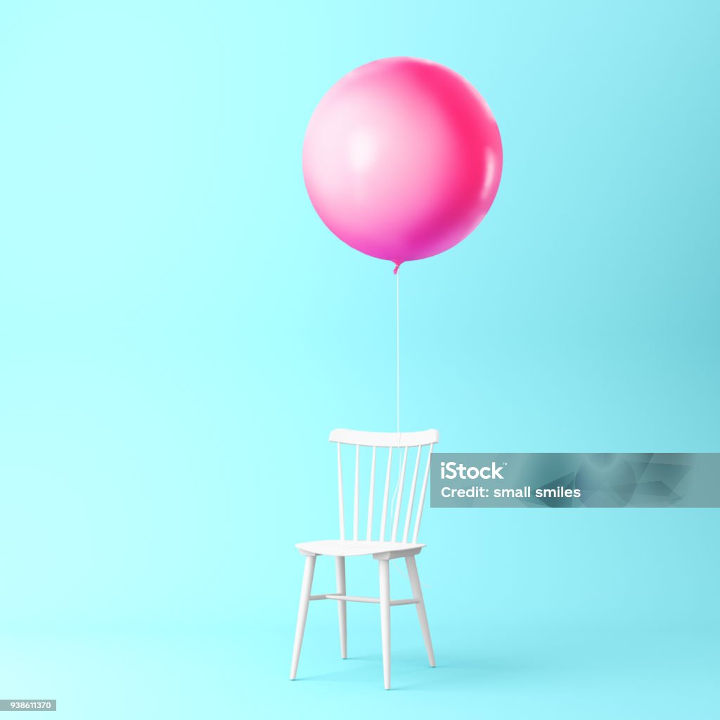 Beautiful balloon pink with chair concept on pastel blue background. minimal idea concept. An idea creative to produce work within an advertising marketing communications or artwork design. Balloon Stock Photo