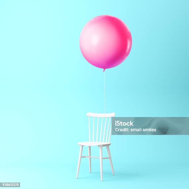Beautiful Balloon Pink With Chair Concept On Pastel Blue Background Minimal Idea Concept An Idea Creative To Produce Work Within An Advertising Marketing Communications Or Artwork Design Stock Photo - Download Image Now
