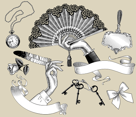 Set of vintage engraving stylized drawings of woman's hands and accessories. Vector illustration.