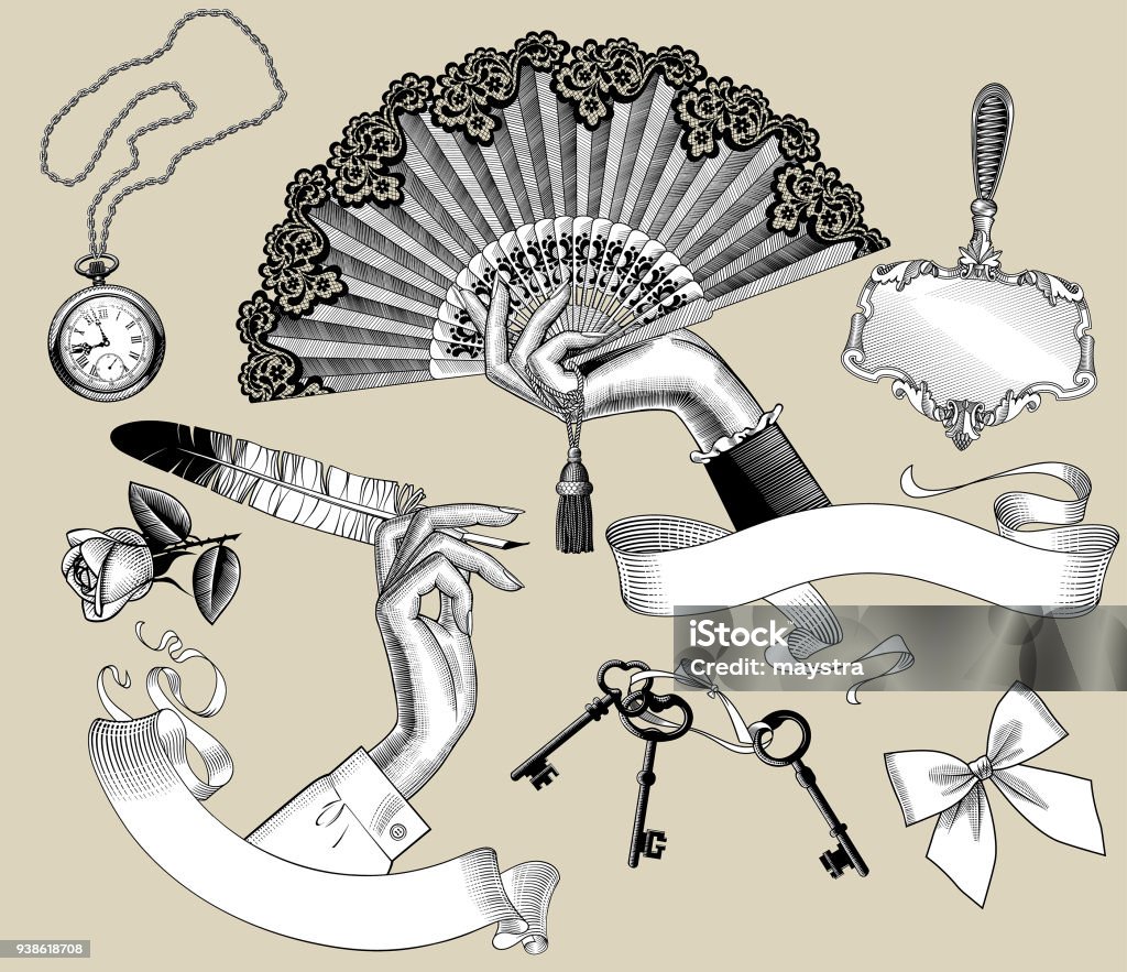 Set of vintage engraving stylized drawings of woman's hands and accessories Set of vintage engraving stylized drawings of woman's hands and accessories. Vector illustration. Retro Style stock vector