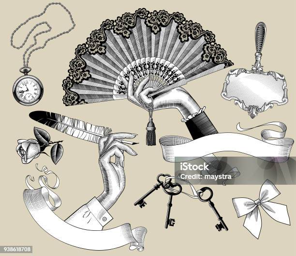 Set Of Vintage Engraving Stylized Drawings Of Womans Hands And Accessories Stock Illustration - Download Image Now