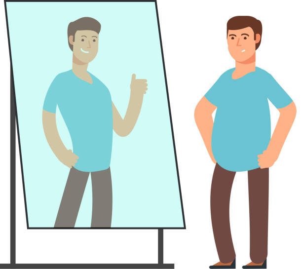 ilustrações de stock, clip art, desenhos animados e ícones de fat man looking on strong and thin person reflection in mirror. fitness goals vector concept - mirror reflection men individuality