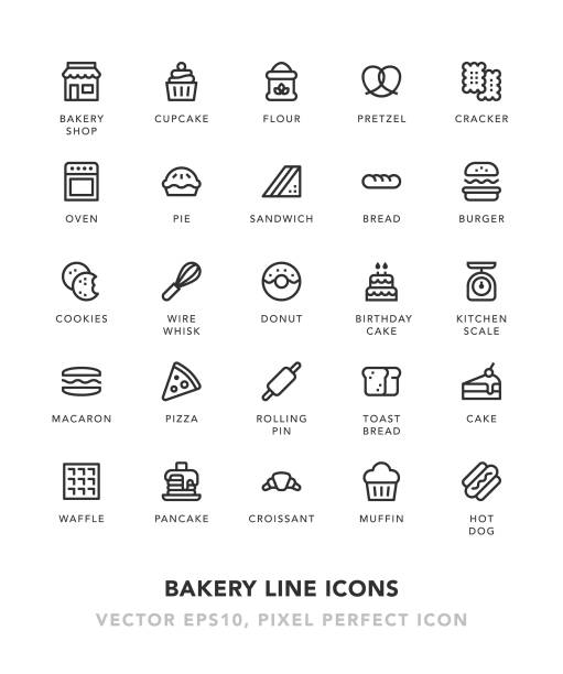 bildbanksillustrationer, clip art samt tecknat material och ikoner med bageriet linje ikoner - cinnamon buns bakery