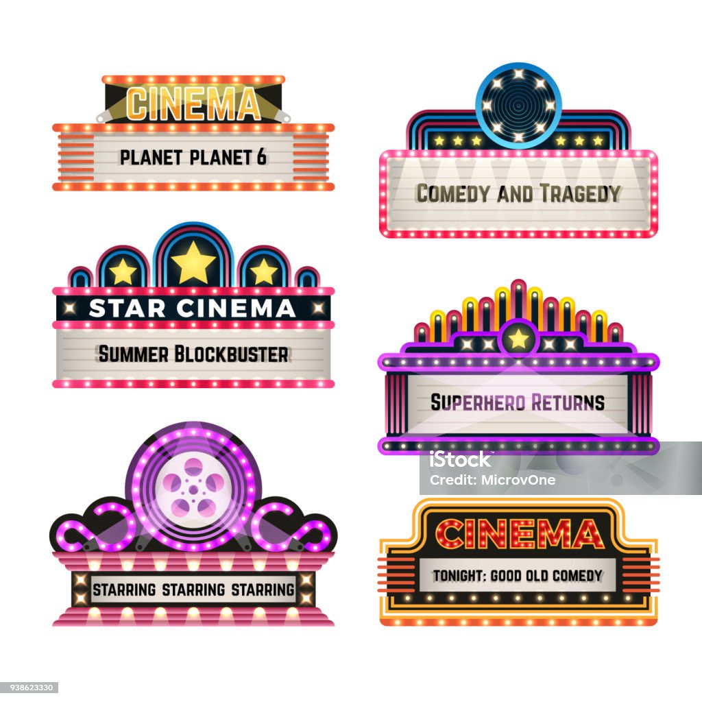 Old theater movie neo light signboards in 1930s retro style. Blank cinema and casino vector banners Old theater movie neo light signboards in 1930s retro style. Blank cinema and casino vector banners. Signboard for cinema billboard, comedy and tragedy, superhero and blockbuster illustration Movie stock vector