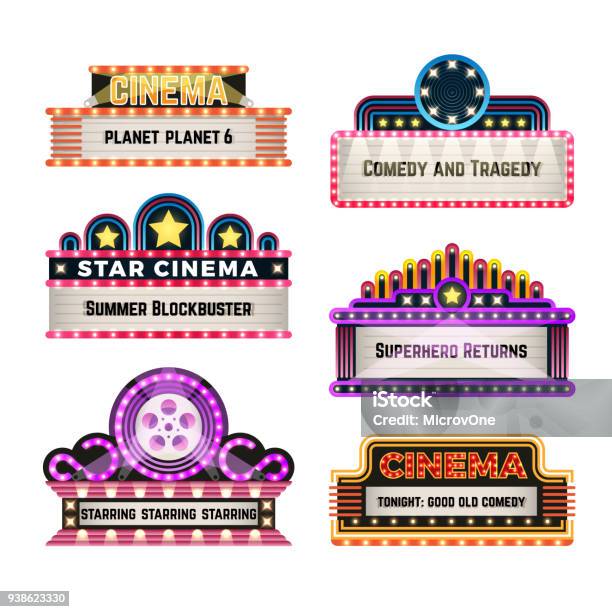 Old Theater Movie Neo Light Signboards In 1930s Retro Style Blank Cinema And Casino Vector Banners Stock Illustration - Download Image Now