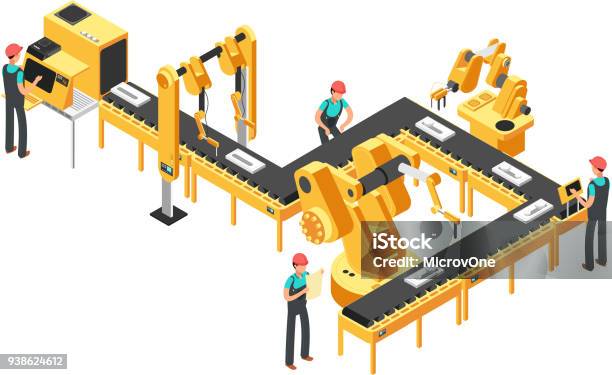 Automated Production Line Factory Conveyor With Workers And Robotic Arms Isometric Industrial Vector Concept Stock Illustration - Download Image Now