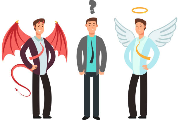 zdezorientowany biznesmen z aniołem i diabłem na ramionach. wybierz koncepcję wektora - expressing positivity devil angel moral dilemma stock illustrations