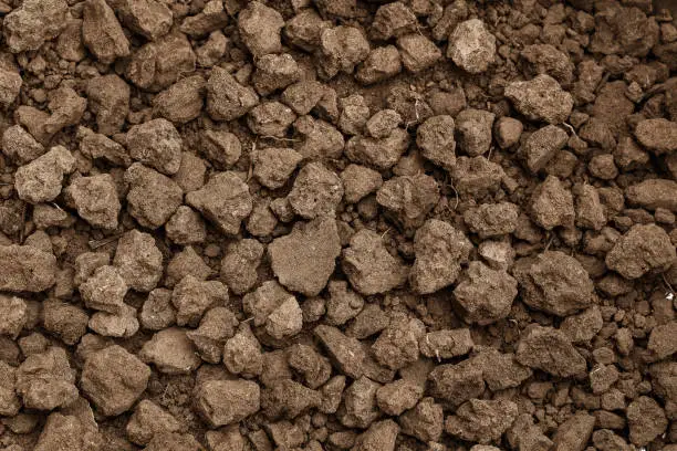 Photo of Closeup shot of Soil texture, cultivated dirt, earth, ground, brown land background. Clods of earth in a plowed field in preparation for the next planting. for use organic gardening, agriculture.