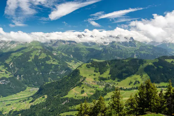 View on beautiful swiss Alps as seen from mount Stanserhorn in canton of Nidwalden in Switzerland