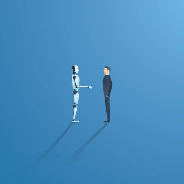 Ai or artificial intelligence vector concept with ai robot handshake with human. Symbol of future cooperation, technology advance, innovation vector art illustration