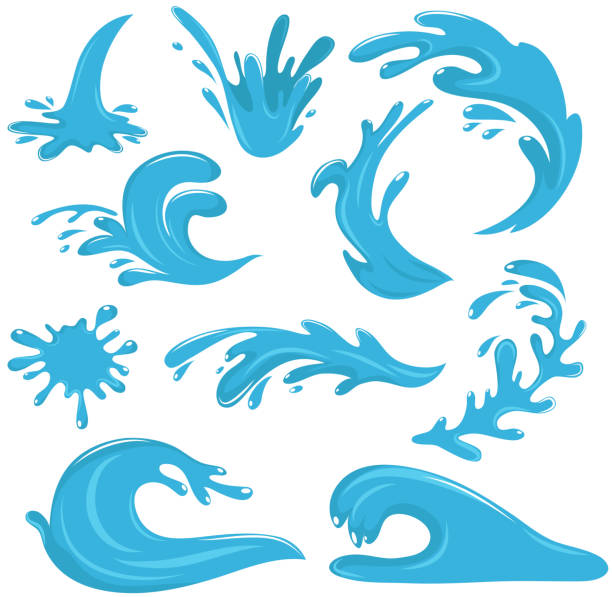 illustrazioni stock, clip art, cartoni animati e icone di tendenza di gocce d'acqua e schizzi blu isolati su un set vettoriale bianco - schizzo illustrazioni