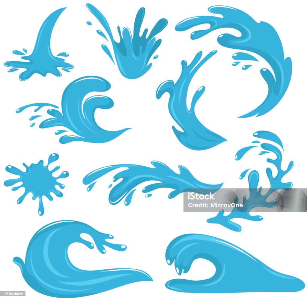 Water drops and blue splashes isolated on white vector set Water drops and blue splashes isolated on white vector set. Illustration of water splash collection Splashing stock vector