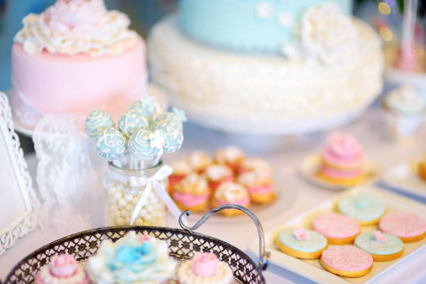 istock Beautiful desserts, sweets and candy table at wedding reception 938628694