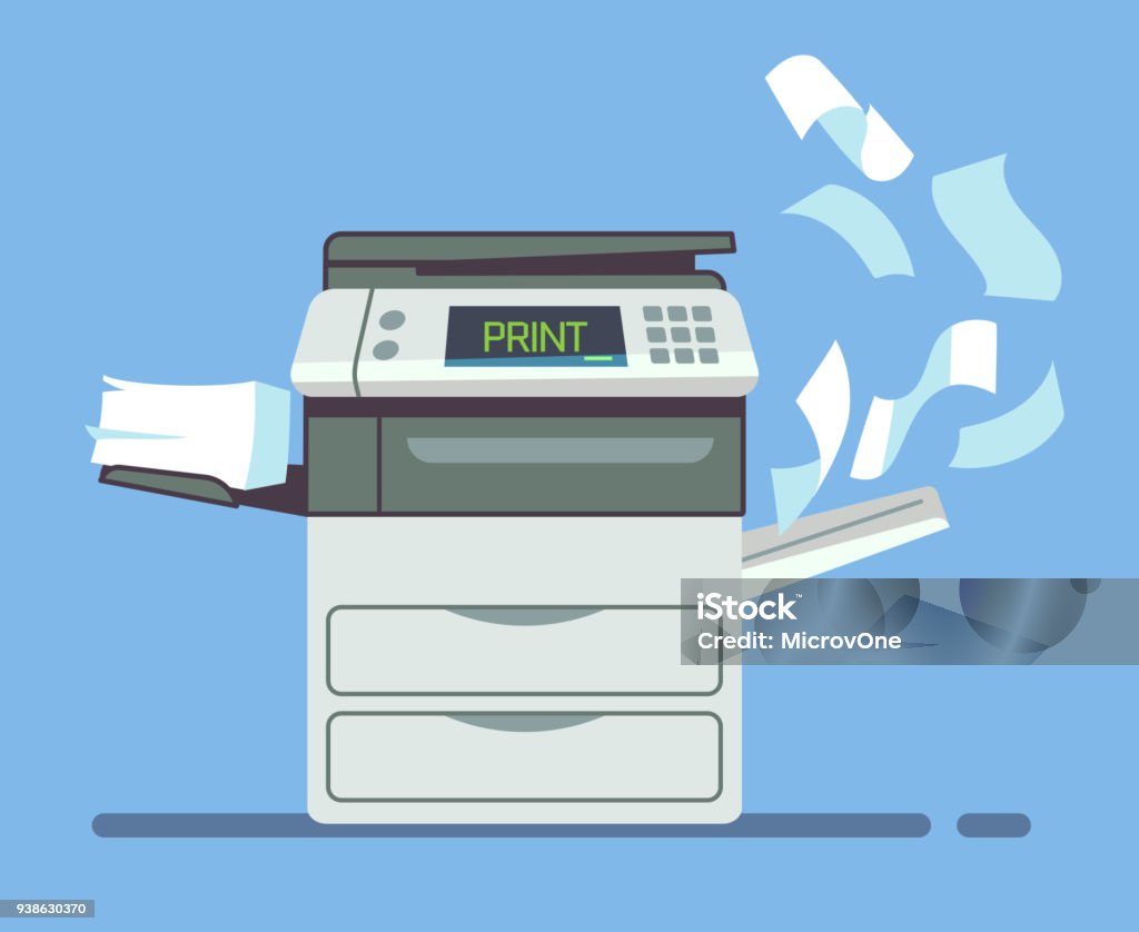 Professional office copier, multifunction printer printing paper documents isolated vector illustration Professional office copier, multifunction printer printing paper documents isolated vector illustration. Printer and copier machine for office work Fax Machine stock vector