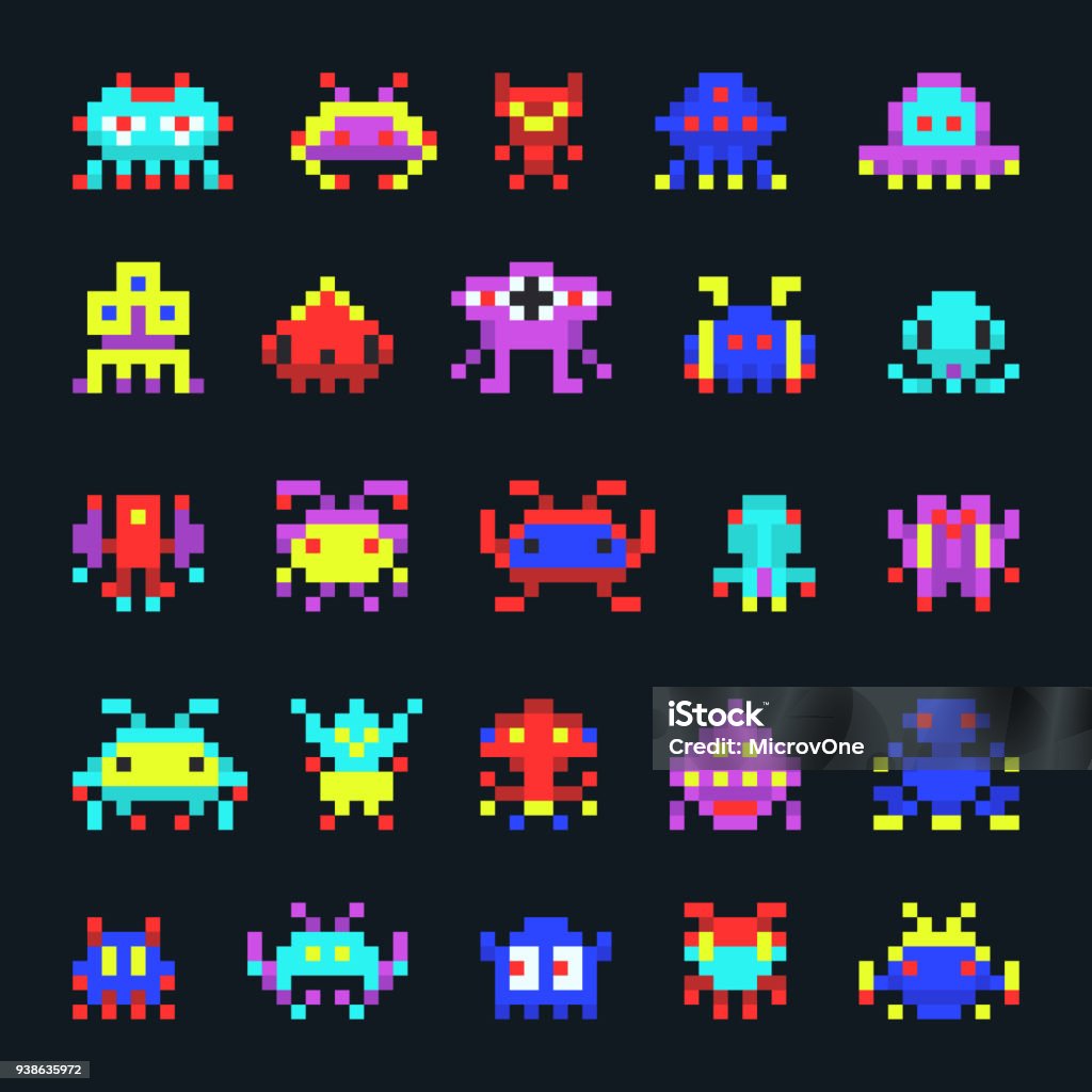 Espacio ordenador video vintage arcade juego pixel vector monstruo los iconos de aliens - arte vectorial de Extraterrestre libre de derechos