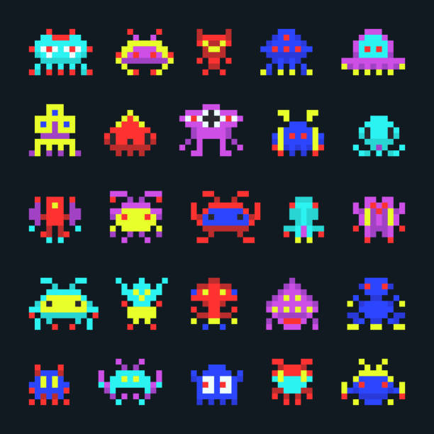 ilustrações de stock, clip art, desenhos animados e ícones de space aliens vintage video computer arcade game pixel vector monster icons - alien