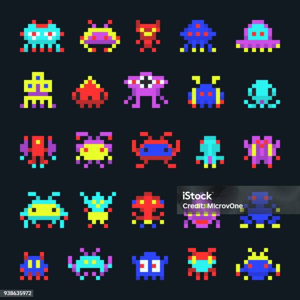Space Aliens Vintage Video Computer Arcade Game Pixel Vector Monster Icons Stock Illustration - Download Image Now