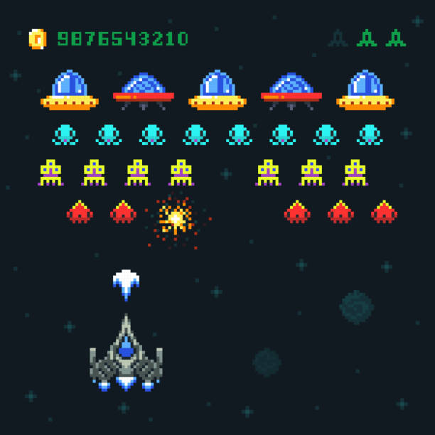 Vintage video space arcade game vector pixel design with spaceship shooting bullets and aliens Vintage video space arcade game vector pixel design with spaceship shooting bullets and aliens. Old retro pop pixel video game with galaxy monsters illustration space invaders game stock illustrations