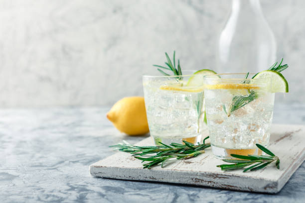 Cooling alcoholic or non-alcoholic cocktail with lemon Cold lemonade or alcoholic cocktail with lemon, rosemary and ice in glass glasses on a light background gin stock pictures, royalty-free photos & images