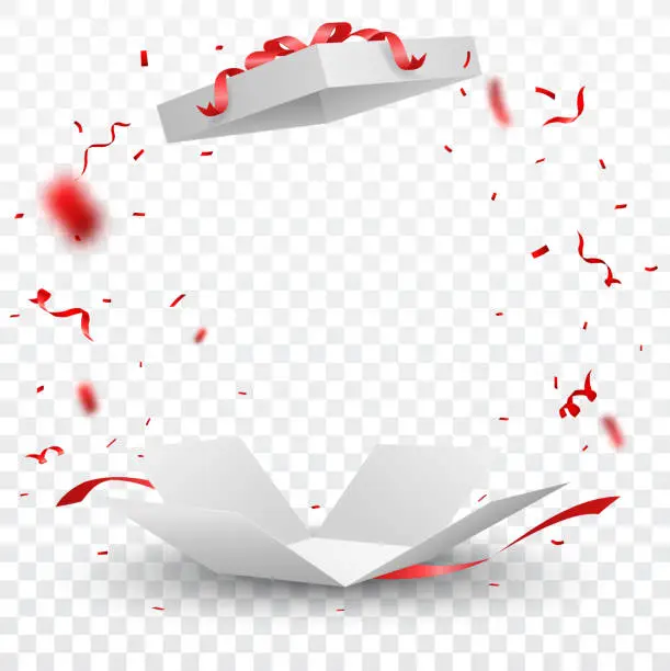 Vector illustration of Open box with red confetti , isolated on transparent background