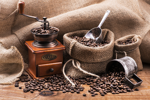 roasted coffee in jute sack with wooden grinder