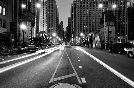 Traffic in the night, La salle street, Chicago. Black And White.
