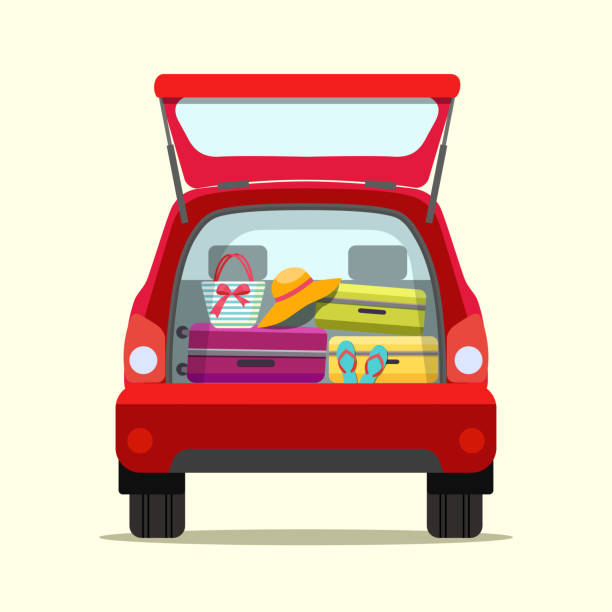 ilustrações de stock, clip art, desenhos animados e ícones de suitcase, bags and other luggage in the trunk of the car on the back. vector flat  illustration - packing bag travel
