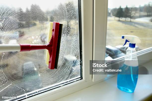 Glass Squeegee And Bottle Of Window Cleaner Stock Photo - Download