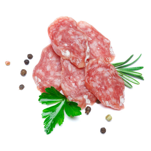 istock Dried sliced organic salami sausage on white background 938648526