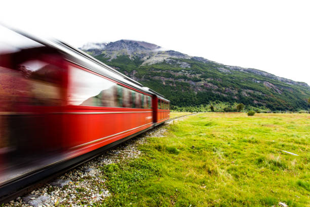 istock Long exposure of red train riding along green grassy field 938649342