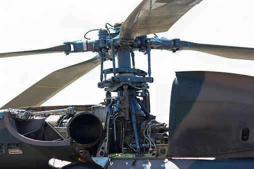 The swashplate and rotor head of a military atlas oryx helicopter, Pretoria, South Africa