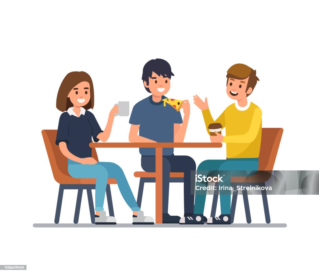 people in cafe Friends sit in cafe, drink coffee and eat pizza. Flat style vector illustration isolated on white background. Friendship stock vector