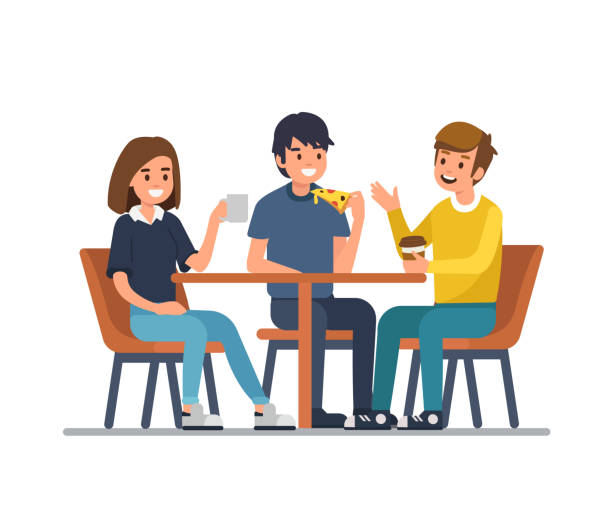 people in cafe Friends sit in cafe, drink coffee and eat pizza. Flat style vector illustration isolated on white background. friendship illustrations stock illustrations