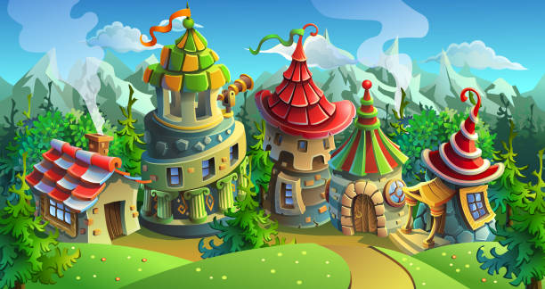 a fairytale village with bright houses and castles. Vector illustration. a fairytale village with bright houses and castles. Vector illustration. Panorama. fairy tale village stock illustrations