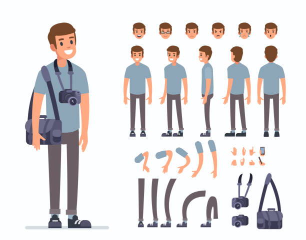 Man photographer  character constructor and objects for animation scene. Set of various men's poses, faces, mouth, hands, legs. Flat style vector illustration isolated on white background.